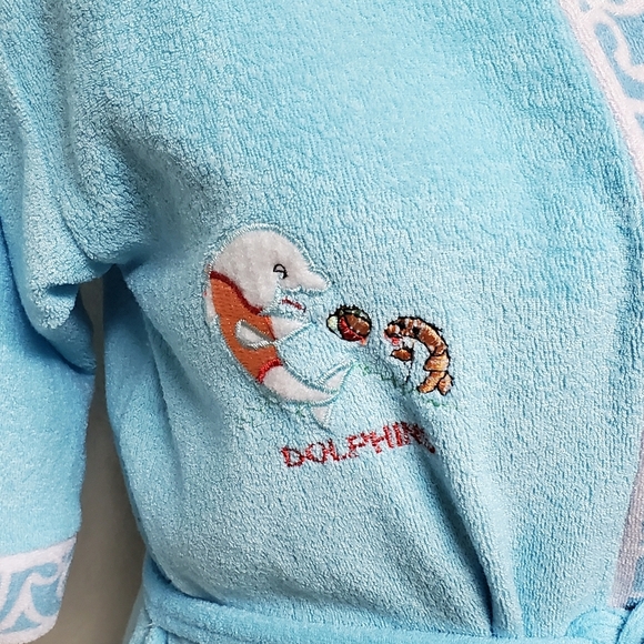 Rare Vintage 60s Dolphins Sky Blue Terrycloth Hawaiian Tie-Waist Mini Robe L - Picture 5 of 14